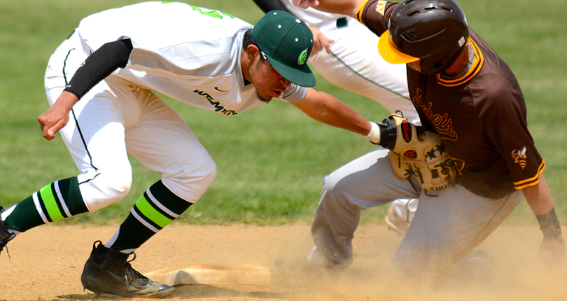 Freshman Nick Silvis tags out a runner attempting to steal second. (Wilmington photo/Randy Sarvis)