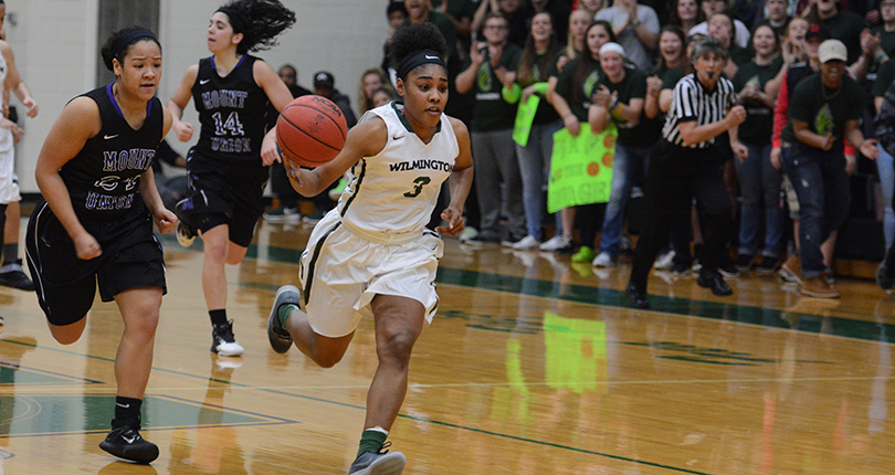 Senior Brittaney Jefferson drives for two of her 14 points as Wilmington advanced to the OAC semifinals. (Wilmington photo/Randy Sarvis)