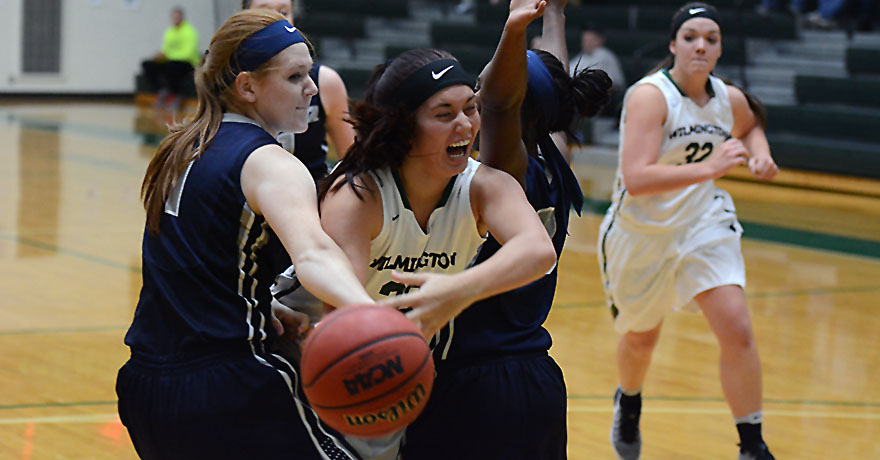 Junior Emily Smith is fouled during the first half of Wilmington's 90-60 victory over Marietta Saturday. (Wilmington photo/Randy Sarvis)