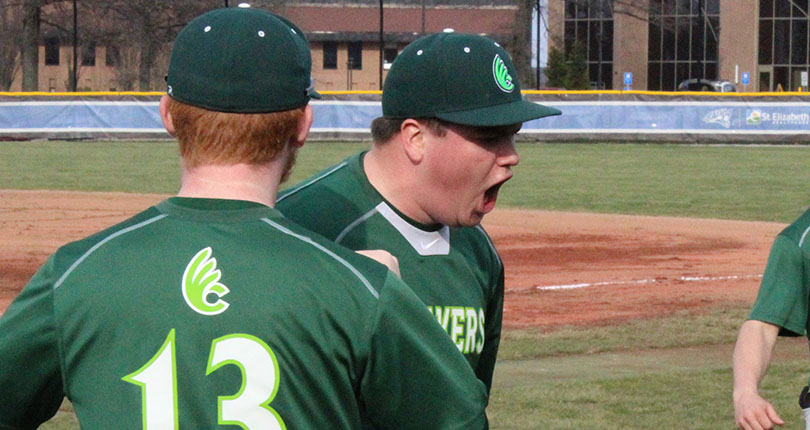Sophomore Joey Hollback yells in excitement after escaping  a fourth-inning jam. (Wilmington Athletic Communications photo)