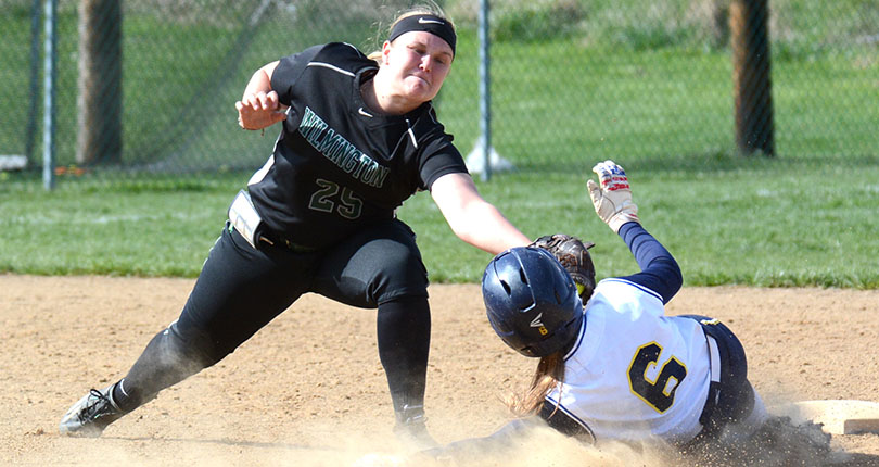 Freshman Kaylee Barber applies the tag at second base. (Wilmington photo/Randy Sarvis)